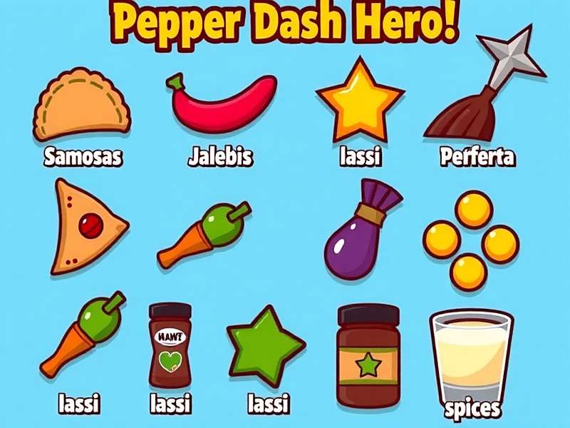 Pepper Dash Hero Power-Ups and Collectibles Collection of power-ups in Pepper Dash Hero including samosas, jalebis, lassi, and various spices