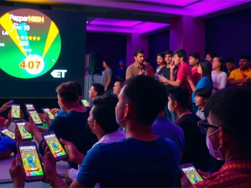 Pepper Dash Hero National Tournament Pepper Dash Hero tournament in Mumbai with players competing on mobile devices, cheered by a crowd